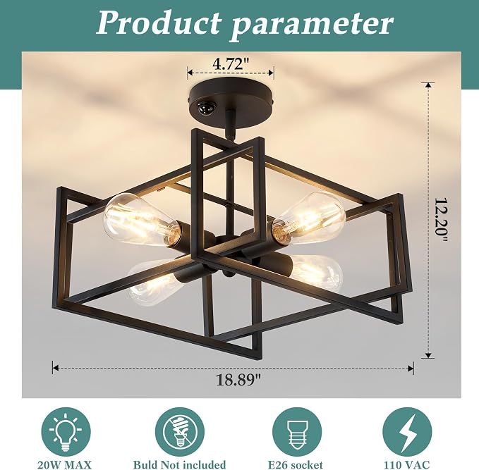 ZGLAOJT Motion Sensor Ceiling Light Fixture 4-Lights Semi Flush Mount Ceiling Light Black Industrial Indoor Chandelier for Kitchen Living Room Bedroom Farmhouse Hallway Foyer