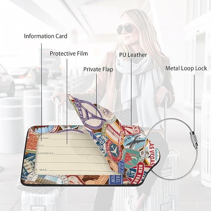 Travel Stamp 2 Pack Luggage Tags Travel PU Cute Leather Luggage Tag Name ID Labels with Privacy Cover Suitcases Women Men Girls Boys Fun Laggage Tags