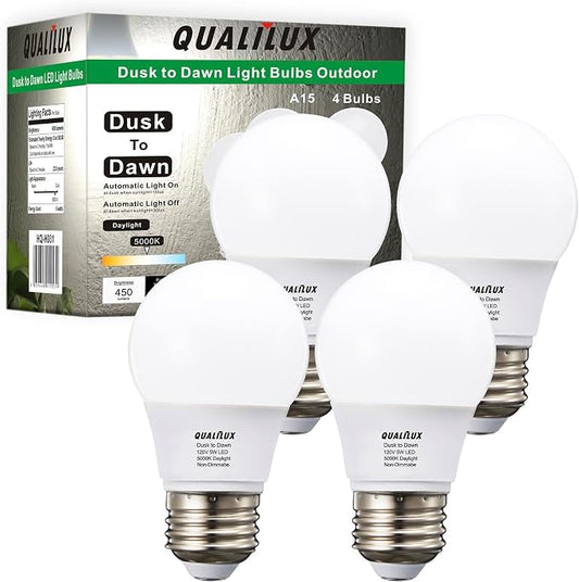 Qualilux Dusk to Dawn Light Bulbs, Auto On/Off Light Sensing LED Bulbs Outdoor, Daylight, Small A15 4-Pack, 5W 450LM 40W Equivalent, HQ-H031