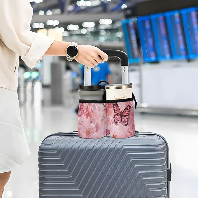 Hot Pink Butterflies Flowers Luggage Cup Holder Travel Portable Free Hand Drink Carrier Suitcase Drinks Beverage Holder Carry-On Bottle Mug Holder Organizer Bag Travelers Accessories