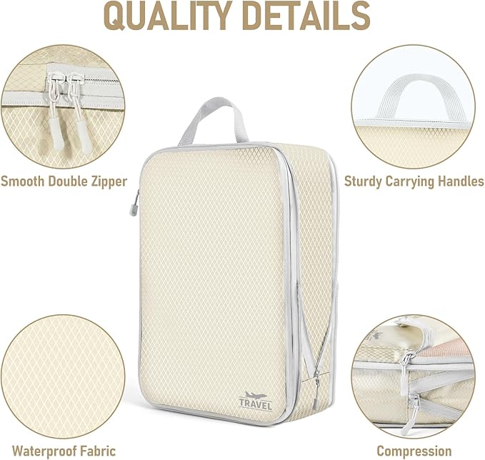 4 Set Compression Packing Cubes, Suitcase Organizer, Lightweight Travel Essentials, Compression Bags For Travel Accessories Luggage Storage Set (4 Pcs, Beige)