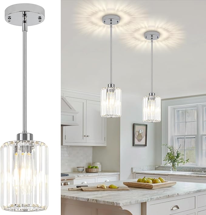 2 Pack Chrome Pendant Lights Over Island Modern Crystal Kitchen Lighting | Hanging Hallway Ceiling Lights, Adjustable Height Pendant Lighting for Dining Room Bathroom Bedroom Above Sink