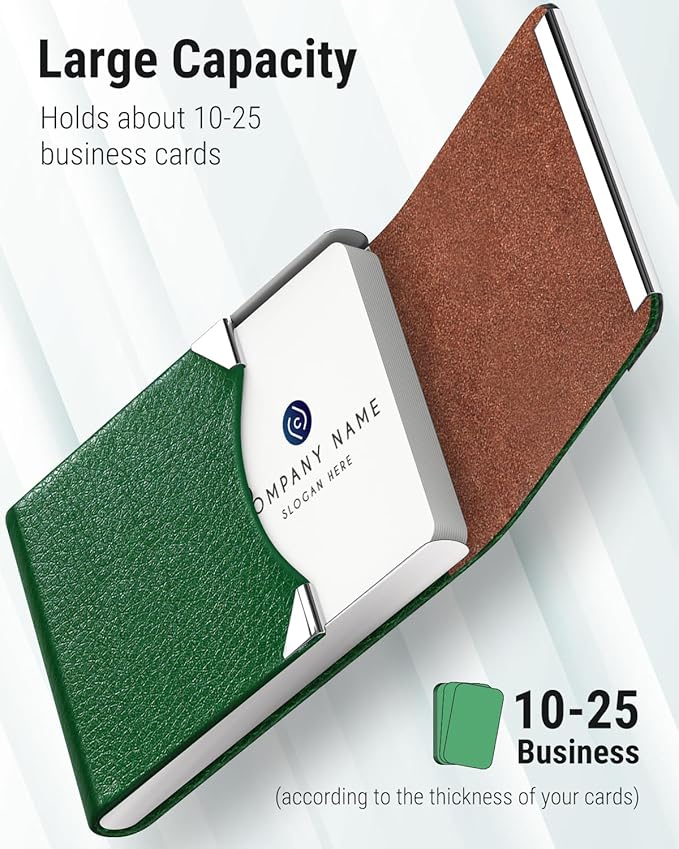 MaxGear Business Card Holder, Slim PU Leather & Stainless Steel Business Card Case for Men & Women, RFID Blocking Name Card Holder with Magnetic Closure, Dark Green