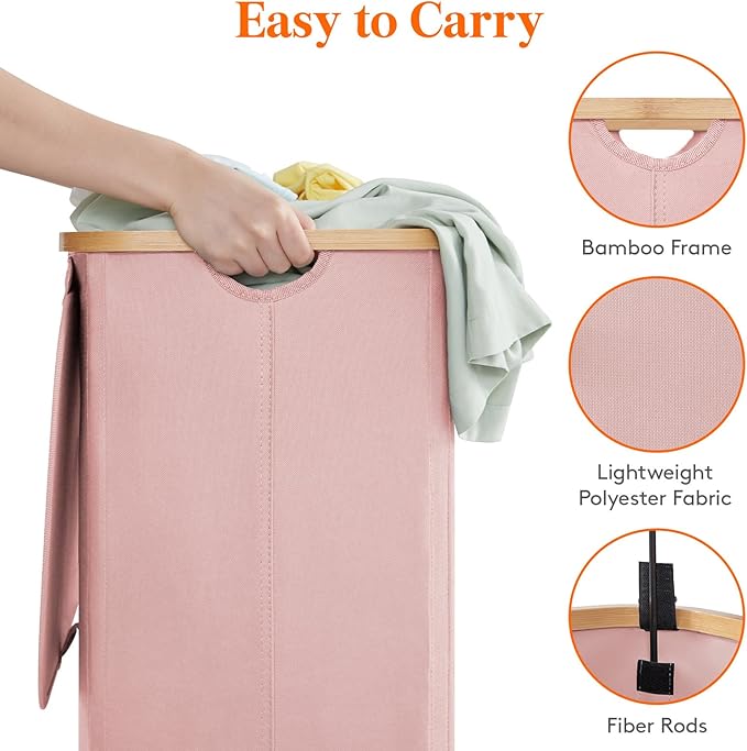 Lifewit 80L Laundry Basket with Lid, Clothes Hampers for Laundry with Bamboo Handles and 1 Removable Bag, Large Foldable Laundry Hamper for Bedroom, Bathroom, Dorm, Laundry Room, Pink
