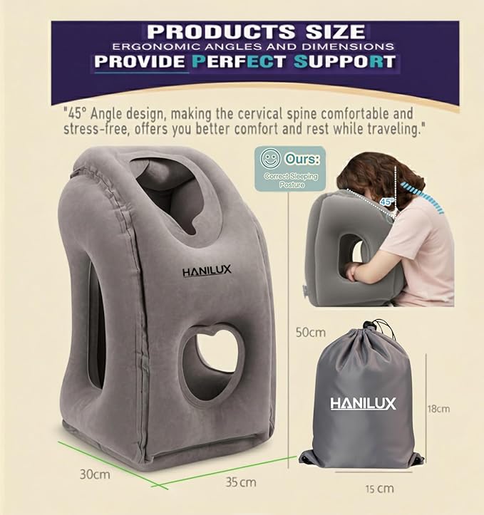 Inflatable Travel Pillows for Airplanes, Blow Up Travel Pillow for Train Office Car with Chin and Neck Support, Inflatable Travel Pillow for Sleep Support with Eye Mask,Storage Bag & Earplugs (Gray)
