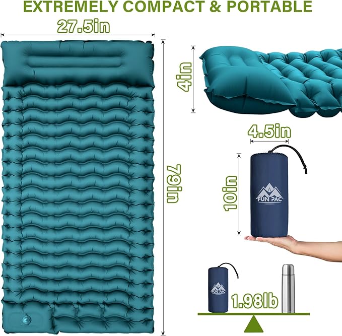 Camping Sleeping Pad, Ultralight Camping Mat with Pillow Built-in Foot Pump Inflatable Sleeping Pads Compact for Camping Backpacking Hiking Traveling Tent
