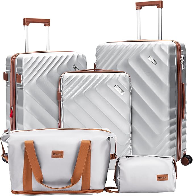 5 Piece Luggage Set Expandable Suitcase 22x14x9 Airline Approved Carry on, ABS Hard Case Suitcases with Spinner Wheels, TSA Lock (Silver)