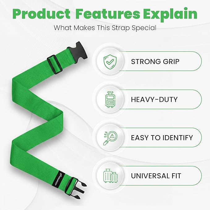 Luggage Straps for Suitcases, Adjustable Travel Suitcase Belts with Buckle Closure, Designed for Carry-On and Checked Luggage, Reusable Travel Accessory, Green - Pack of 4