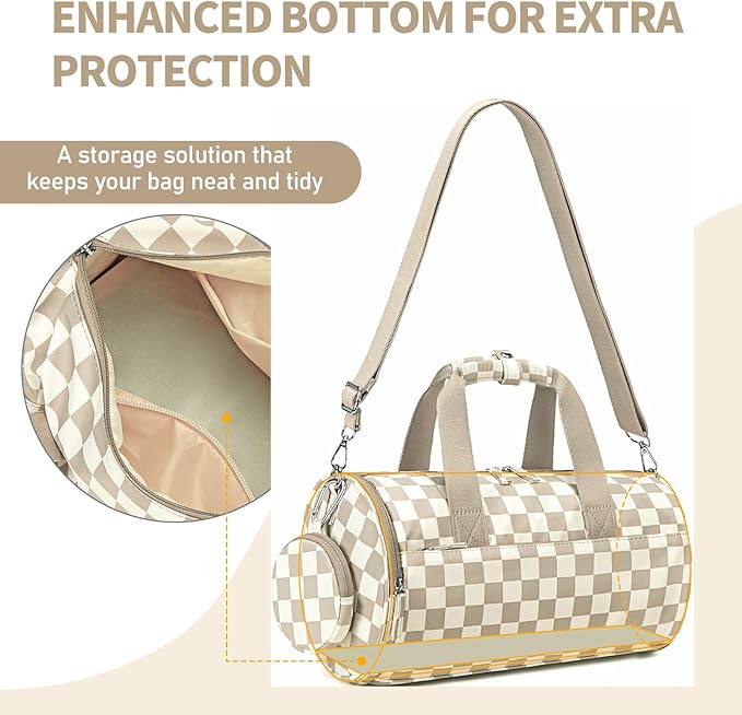 Mini Gym Bag for Women Girls Cute Small Duffle Bag 12'' with Multifunctional Pockets Workout Sport Bags Dance,Fitness,Yoga (Brown-white checkered)