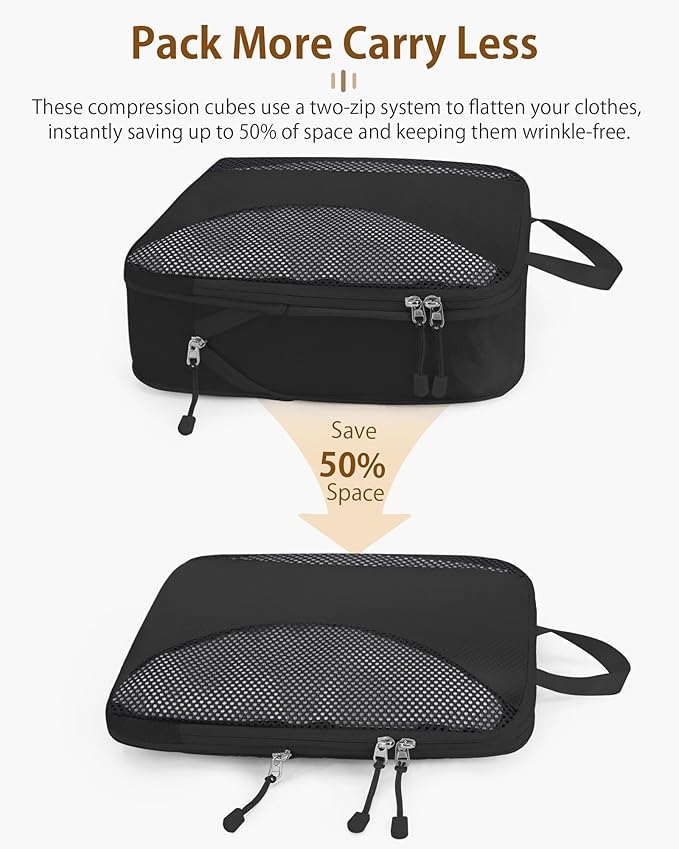 Compression Packing Cubes 10 Sets, Packing Organizers, Extensible Suitcase Organiser Bags, Travel Organizer Cubes for Travel Essentials Black