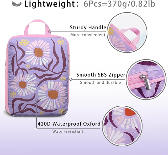 6 Pcs Compression Packing Cubes for Travel, Waterproof Luggage Organizer Washable Storage Bags Set - Packaging Cubes for Backpack Travel and Carry-Ons