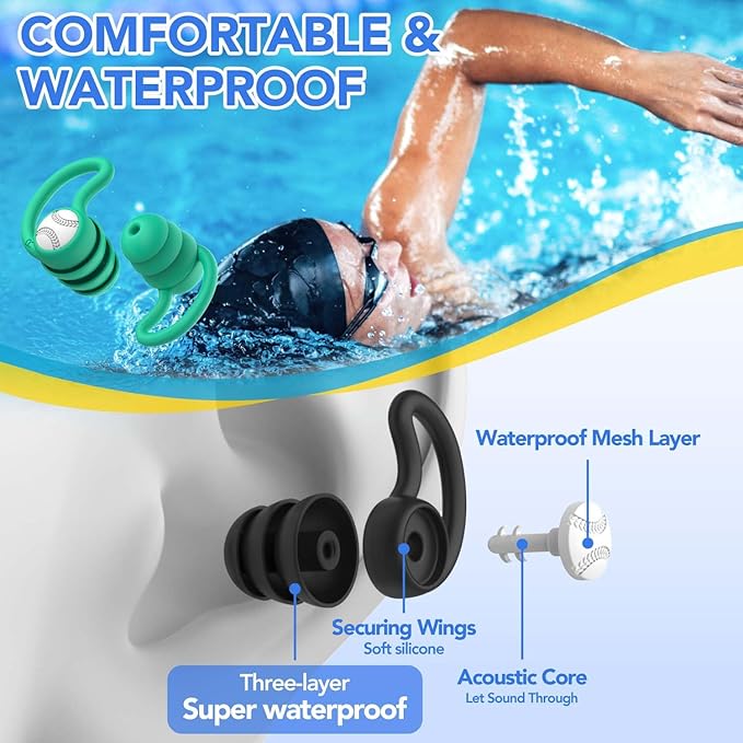 Swimming Ear Plugs Waterproof Earplugs - 2 Pairs Silicone Swim Ear Plugs for Adult Kids, Water Sports Earplugs for Showering, Bathing, Surfing - Keep Ear Water Out