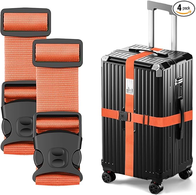 BILIONE Luggage Straps Adjustable Suitcase Belt, Lockable Against Accidental Opening, Easy to Identify Travel Accessories, Add a Bag Connector Holds Suitcase Together (4, Vivid Orange)