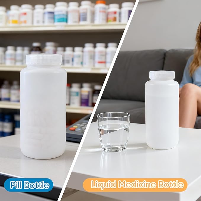 DEMORA 32 oz Plastic Bottles with Lids, Airtight Refillable Wide Mouth Travel Bottles for Toiletries, HDPE Food Grade Plastic Containers for Liquids Pill Water Sample Lab Reagent (Translucent, 2 Pcs)