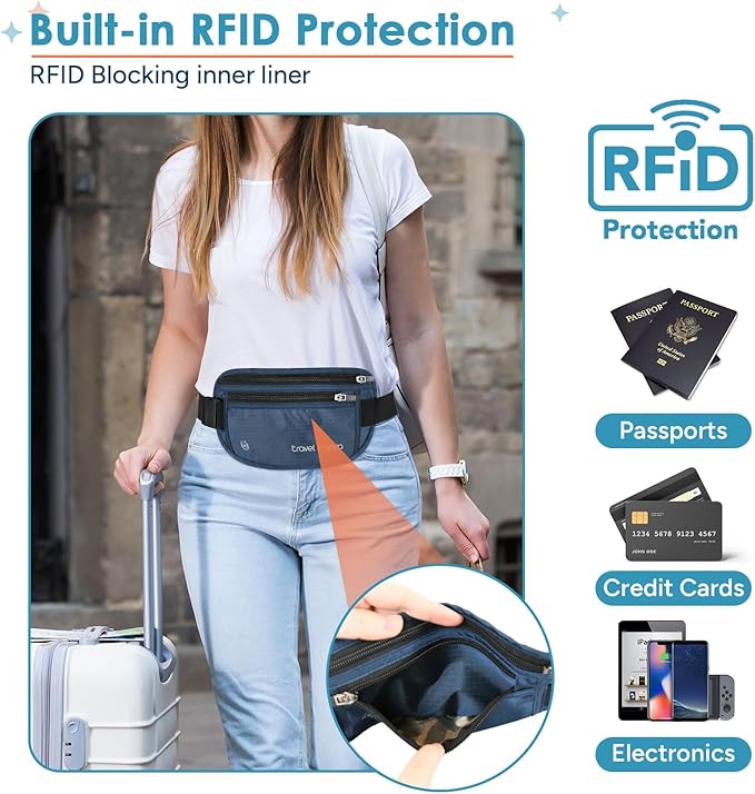 travel inspira Travel Money Belt with Slim Anti-Theft RFID Blocking Passport Holder for Travel Concealed under Clothes for Ultimate Protection of Credit Cards, Cash, Passport & Documents, Navy Blue