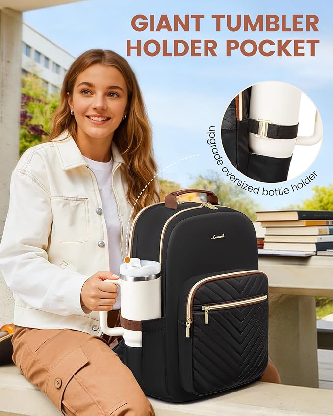 LOVEVOOK Laptop Backpack for Women with Giant Tumbler Holder 15.6 inch,Designer Travel Backpack Laptop Bag College Backpack,Quilted Work Nurse Teacher Backpack Purse Computer Bag Daypack,Black Brown