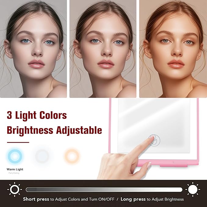 Travel Makeup Mirror with Lights Valentines Day Gifts for Her, Girlfriend, Wife, Birthday Gifts Rechargeable Portable Folding Compact LED Mirror Set with Tweezer 3 Color Light Modes-Rosy
