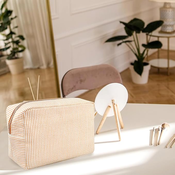 GFU Cosmetic Bags for Women, Seersucker Cosmetic Bag, Travel Toiletry Stripe Makeup Bag, Large Women Aesthetic Organizer Storage Pouch, Girls Handbags Purses, Orange