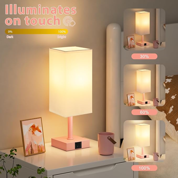 Touch Table Lamp for Bedroom - Dimmable, USB C+A, White Lamphade Pink Base | 3-Way Dimmable, 3000K LED Bulb Included, Square Lampshade, Cute Room Decor for Teen Girls, Kids, Small Lamp for Dorm, Nursery