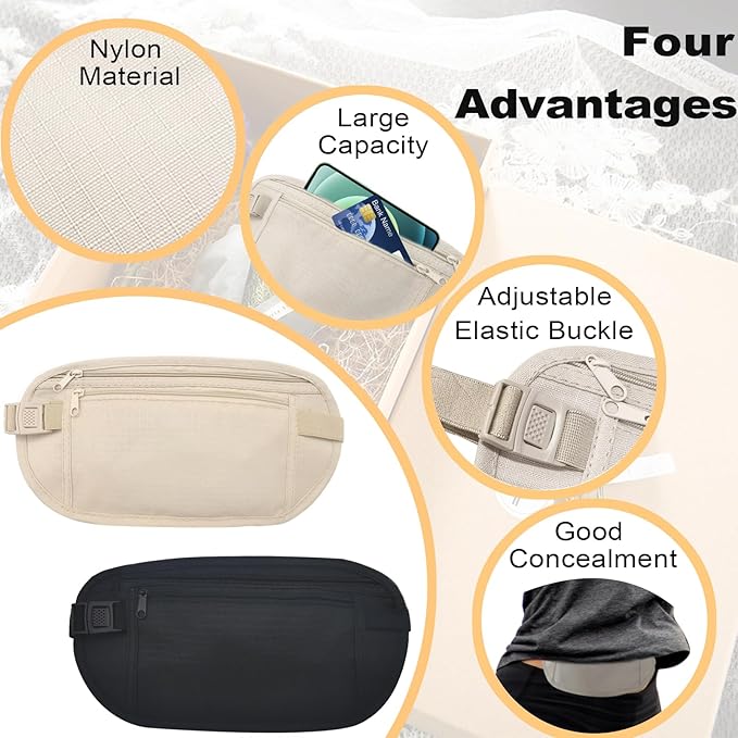 FuninCrea Money Belt, Nylon Fanny Pack Hidden Belt Bag with RFID Blocking for Women Men, Anti-theft Waist Pack Under Clothes with Adjustable Buckle for Travel, Running, Hiking, Cycling (khaki+black)