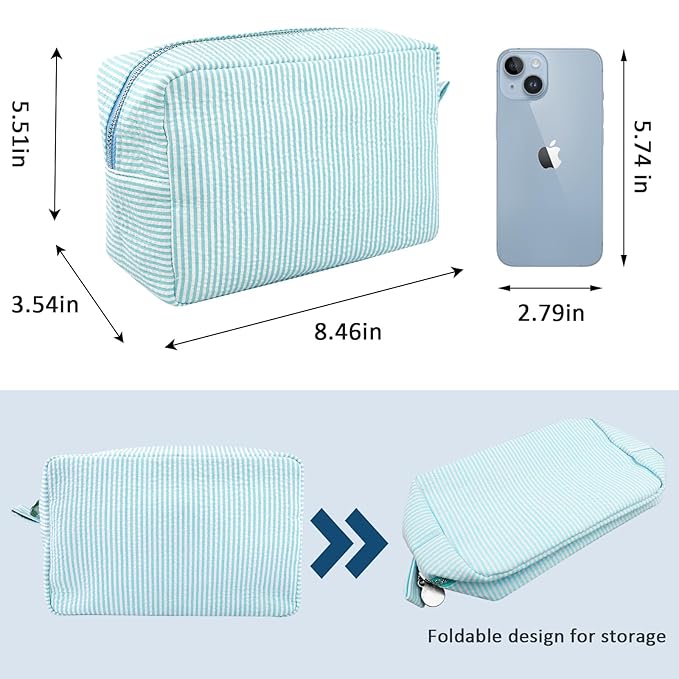 GFU Makeup Bag for Women, Cute Cosmetic Bag, Lightweight Toiletry Make up Bag, Large Seersucker Aesthetic Organizer Storage Pouch for Girls, Women and Moms Gifts, Lightblue