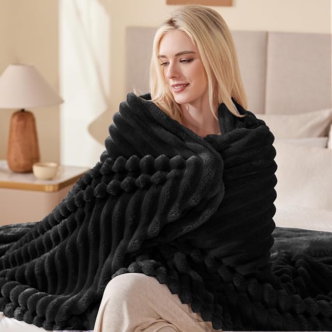 EXQ Home Fleece Throw Blanket for Couch or Bed - 3D Stripe Jacquard Decorative Blankets - Cozy Soft Lightweight Fuzzy Flannel Blanket Suitable for All Seasons(50"×60",Black)