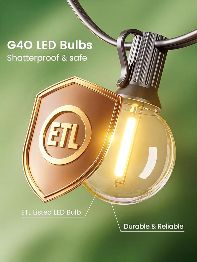 LACHON Outdoor String Lights Waterproof 50 FT with 25 G40 IP65 Bulbs | Dimmable,Connectable,Shatterproof,2700K Warm White,Perfect For Any Outdoor Space,Patio,Backyard,Cafe,Bistro,Porch,Market