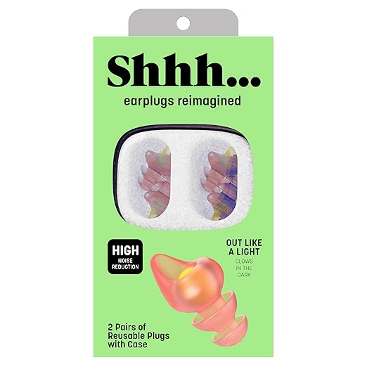 Shhh… Out Like a Light Earplugs for Sleeping – High Noise Reduction Sleep Earplugs with Glow Core, Super Soft Thermoactive Material, 2 Pairs with Case, for Snoring & Loud Environments