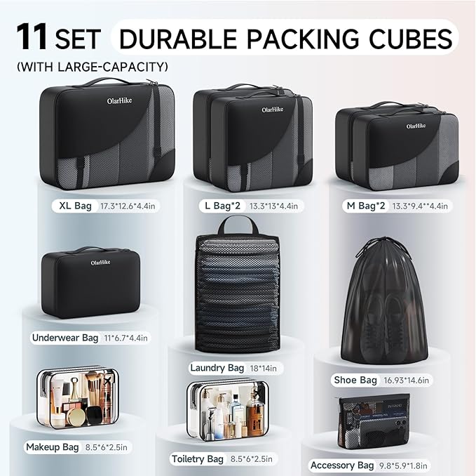 11 Set Packing Cubes for Travel, Gifts for Women Mom Kids, TSA Approved Bags for Makeup, Cosmetic, Toiletry, Suitcase Organizers for Checked Luggage, Cruise Essentials, Airplane Accessories, Black