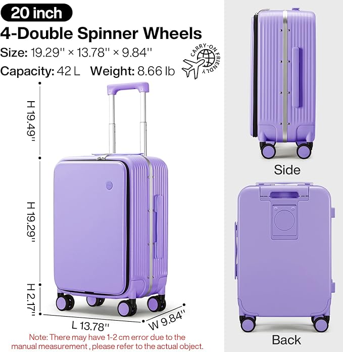 mixi Carry On Luggage with Cup Phone Holder and Charger Hard Shell Suitcases with Spinner Wheels,20 Inch Lilac Purple