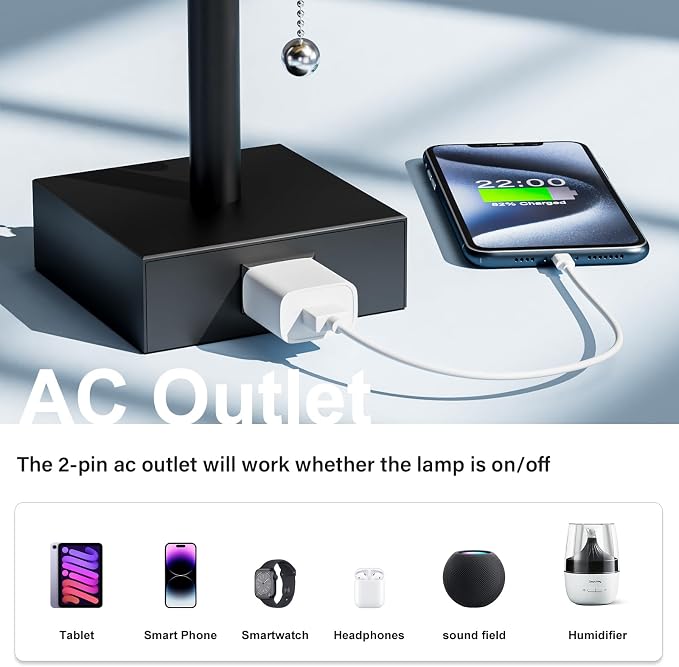 White Bedside Lamps for Bedroom Set of 2 - Small Rectangular Nightstand Lamp with AC Outlet Charging Port, 3 Color Temperatures Desk Light with Bulb, Tabletop Reading Lamp for Living Room/Dorm/Office | AC Outlet, 3 Color Temperatures, LED Bulb Included...