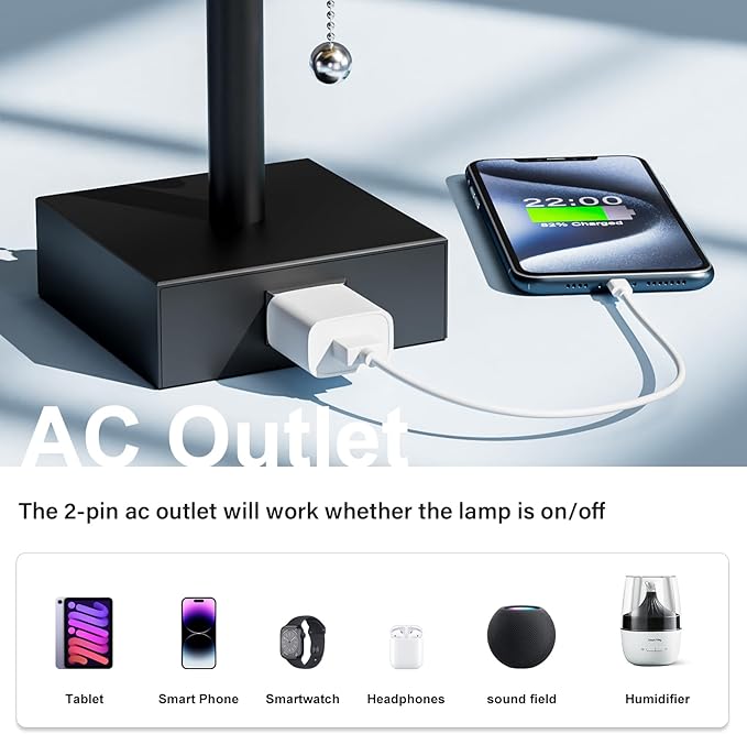 Bedside Lamp for Bedroom Set of 2 - Grey Table Lamp for Nightstand | AC Outlet, 3 Color Temperatures, LED Bulb Included, Pull Chain Design, 14" Rectangular Desk Lamp for Dorm/Office, 2-Pack
