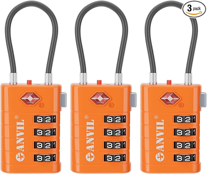 ANVIL TSA Approved Luggage Locks with Search Alert Indicator, 4-Digit Combination Suitcase Lock, Advanced TSA008 Core Heavy Duty Anti-Theft Travel Lock for Double Zippers, Backpacks (3, Orange)
