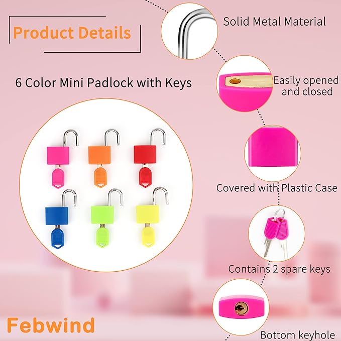 6 Pcs Suitcase Locks with Copper Keys Protect Your Belongings with Febwind's Set of 6 Mini Padlocks Multicolor Durable Locks for Suitcases Backpacks Boxes Cabinet and Laptop Bags