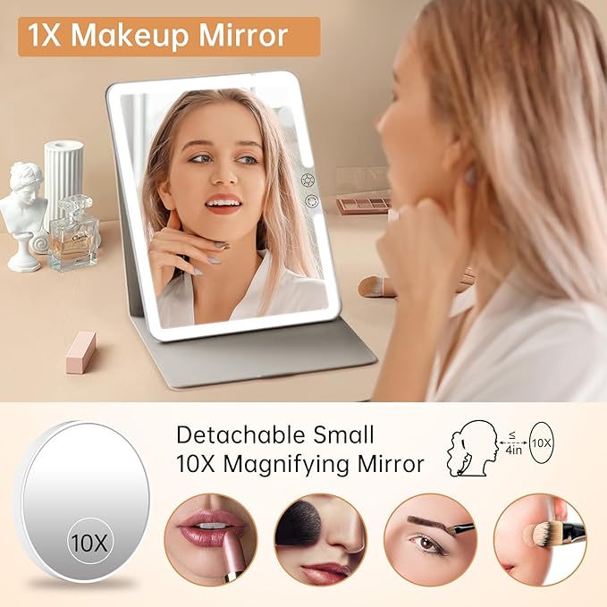 FUNTOUCH 2500mAh Large Rechargeable Travel Makeup Mirror with Light, Portable Makeup Mirror with 10X Magnifying Mirror, 3 Lighting Modes, Tabletop Folding Travel Mirror with PU Leather Cover (White)
