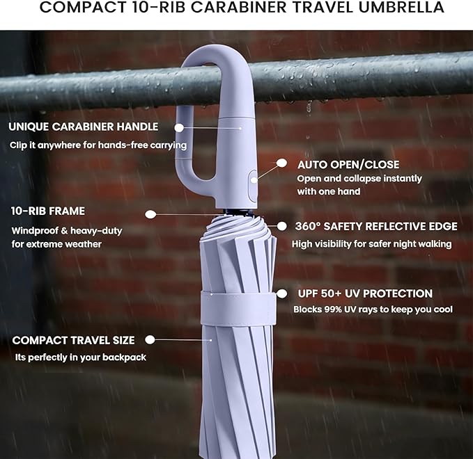 SIEPASA Travel Umbrella with Carabiner Handle - Windproof 10 Ribs Auto Open/Close for Rain & Sun Protection, Compact Portable Clip-on Backpack Design with Safety Reflective Strip.
