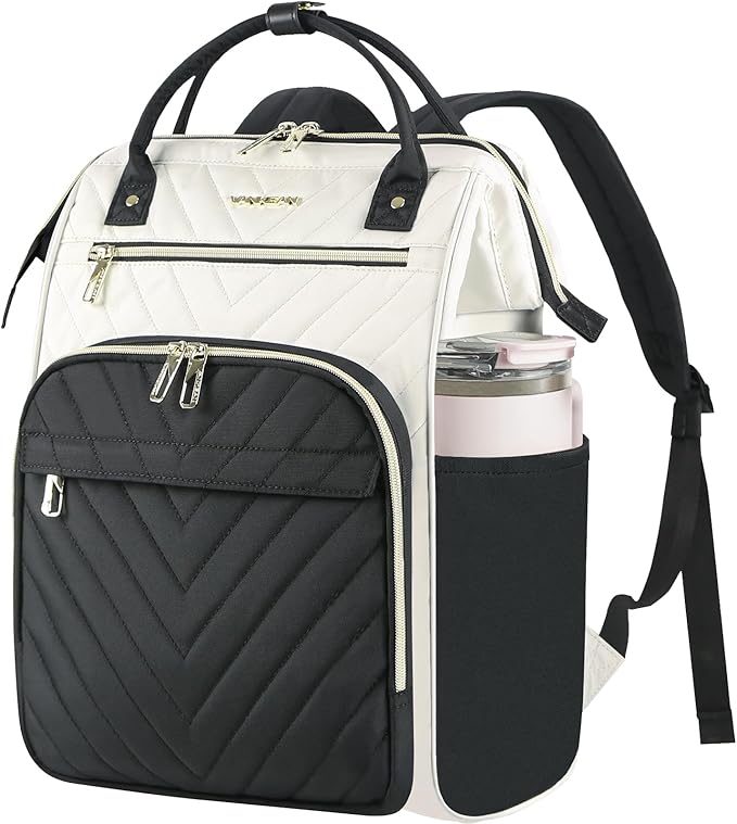 VANKEAN 17 Inch Laptop Backpack for Women Men Fashion Computer Work Bag, Large Capacity Waterproof Backpack with USB Port & RFID Pockets, College Daypack Business Travel, Beige-Black