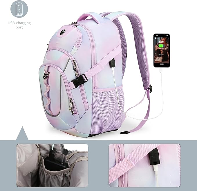 Swissdigital Laptop Backpack with USB Charging Port, Travel Backpack Fits 15.6 inches Computer, 31L Backpack for Women, Pink Purple | SD803-104