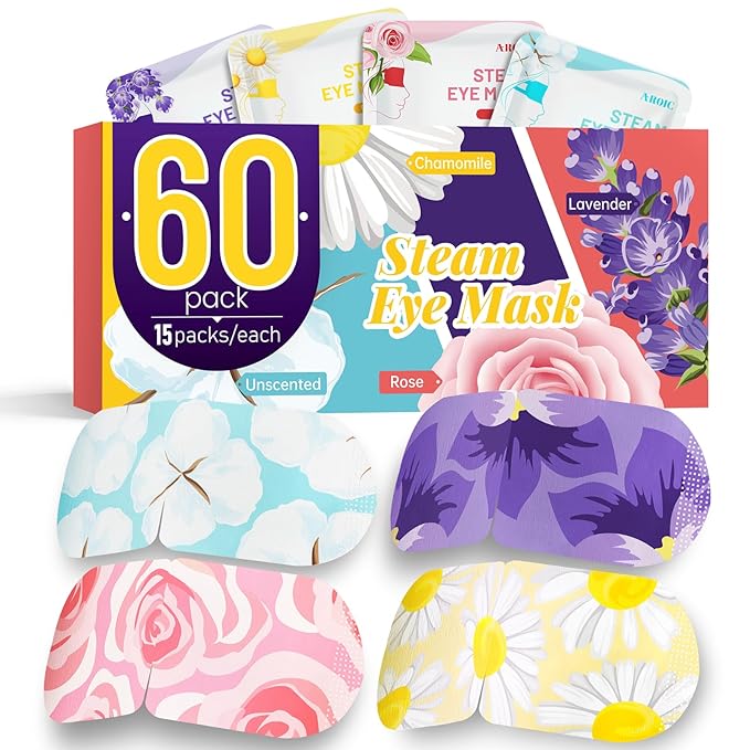 AROIC 60 Pack Steam Eye Masks Disposable, Heated Eye Mask Warm Compress for Eyes, Relaxation Mothers Day Gifts Self Care for Women, Spa Travel Essentials - Lavender, Unscented, Chamomile, Rose