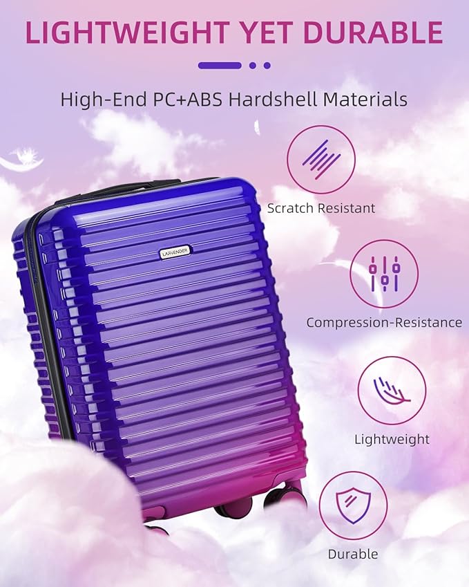 LARVENDER Carry on Luggage 22x14x9 Airline Approved, Expandable 20 Inch Hardside Suitcase with Wheels TSA Lock, PC+ABS Lightweight Carry on Suitcases for Women, Midnight Berry (20/DB/TB)