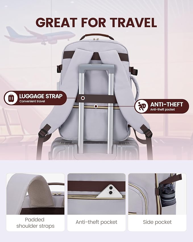LOVEVOOK Travel Backpack for Women & Men 40L,Airline Approved Carry On Backpack Travel Essential,TSA Carry on Luggage,Personal Item Travel Bag,Suitcase with 3 Packing Cube,Light grey-Dark coffee color