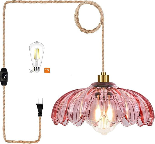 QIYIZM Pink Plug in Pendant Light Glass Hanging Lights with Plug in Cord Boho Hanging Lamp Gold Mid Century Modern Vintage Dimmable Flower Plug in Chandelier Ceiling Fixture for Living Room,Bedroom