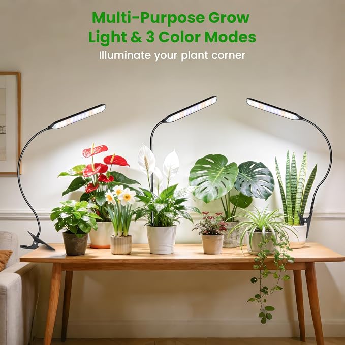 Grow Light with Clip, Full Spectrum, Flexible Gooseneck, 2Pack | 6000K Rectangular Plant Light, Timer 6/12/16Hrs, 3 Spectrums, 5 Dimmable Levels, for Pot & Table, Small Plants