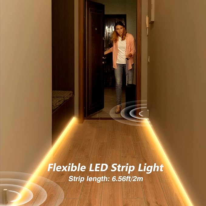 WOBANE Rechargeable Motion Sensor Strip Light, Warm White LED Closet Lights | 2X 6.56ft Upgraded Battery Operated LED Strip Light for Wardrobe,Stair,Pantry,Cupboard,Bed,Locker,2700K
