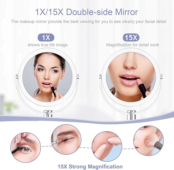 CLSEVXY Vanity Makeup Mirror with Stand, 1X/15X Magnification Double Sided 360 Degree Swivel, Portable Table Desk Counter top Magnifying Mirror, Tabletop Mirror for Bedroom or Dorm Room, 6.25 Inch