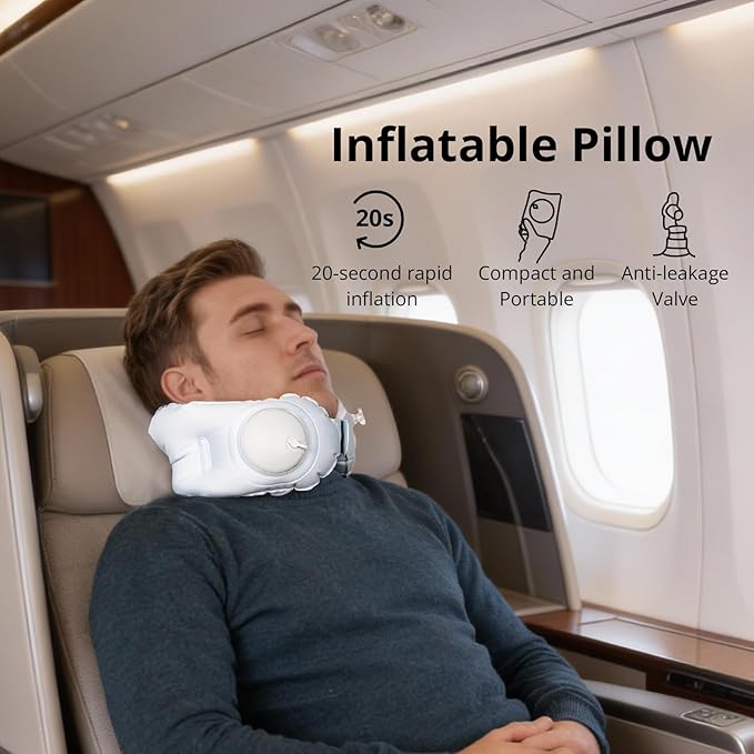 Ultralight Inflatable Travel Neck Pillow Press to Inflate Leak-Proof Design Compressible Adjustable Neck Support for Airplane Camping Driving Sleeping Business Trip Long Flights (Blue, Large)