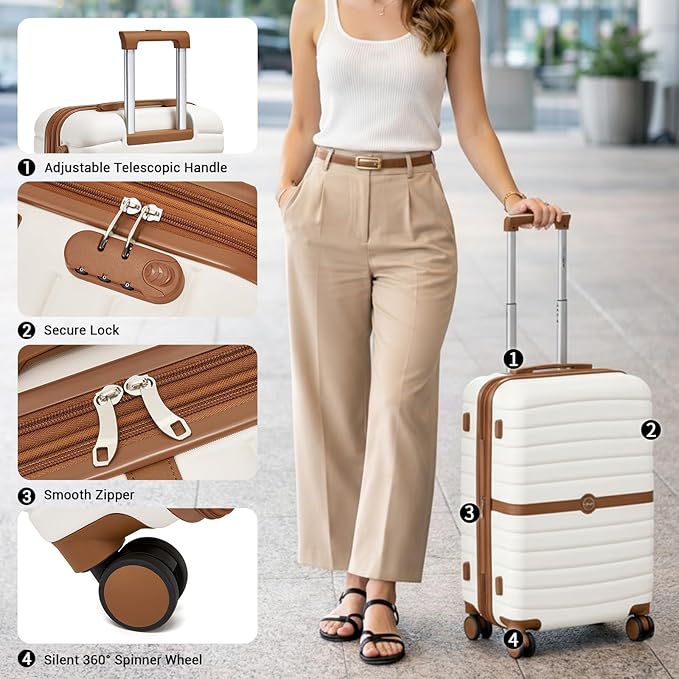 Kono Expandable 28 Inch Luggage with Spinner Wheels, Large Checked Luggage with Lock, Lightweight & Anti-Scratch PC+ABS Hardshell Travel Suitcase, White/Brown