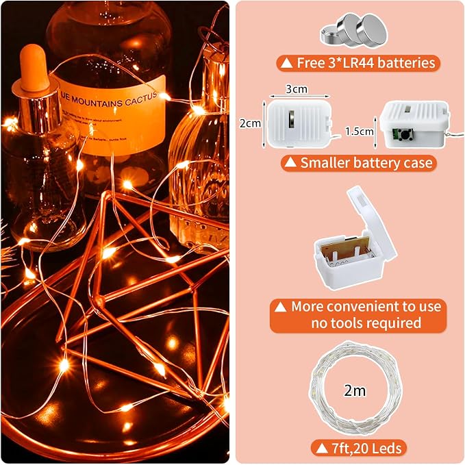 24 Pack Orange Fairy Lights Battery Operated, 7ft 20 LED Mini String Twinkle Lights for Christmas Halloween Mason Jars Centerpiece Table Decorations (24, Orange)