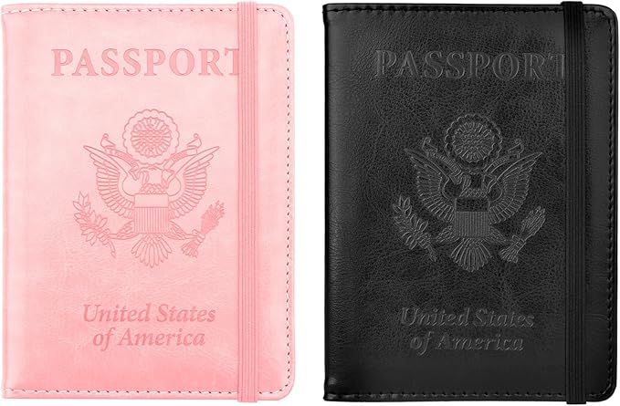 Passport Holder for Travel, 2 Pack Passport Cover, Waterproof Passport Wallet Leather Passport Holder Pen Holder Passport Holders for Women Men Family Travel Must Haves Essentials, Pink+Black