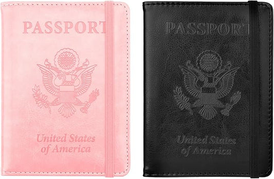 Passport Holder for Travel, 2 Pack Passport Cover, Waterproof Passport Wallet Leather Passport Holder Pen Holder Passport Holders for Women Men Family Travel Must Haves Essentials, Pink+Black